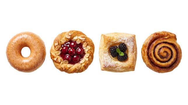 Assorted fresh bakery pastries, glazed donut, berry danish, fruit pastry and cinnamon roll in a row, PNG, isolated on transparent background