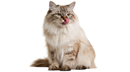 Fluffy long haired Siberian cat licking its nose with pink tongue © Sini