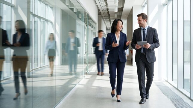 Collaborative Strategy Session: Two professionals, a man and a woman, engage in a deep discussion while walking through a modern office corridor.
