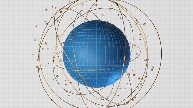 Abstract grid sphere intersecting gold orbital paths luminous nodes pale gray field. technology global communication, satellite connectivity, virtual networks, scientific modern broadcast backgrounds