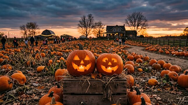 Two Glowing Jack o Lanterns Placed On A Wooden Crate At Twilight In An Atmospheric Pumpkin Fiel