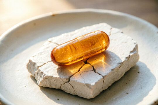 Macro shot of yellow supplement oil capsule on cracked white stone plate organic wellness