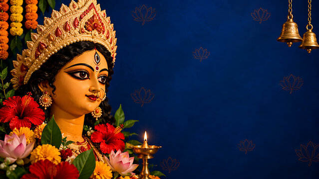 Beautiful goddess idol face decorated with red hibiscus flowers and lotus during happy durga puja and navratri festival on blue floral background