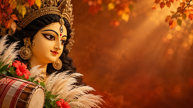 Traditional hindu goddess idol decorated with white grass flowers and ceremonial drum instrument standing in warm autumn light during durga puja navratri