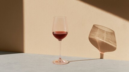 Fototapeta premium A stemmed wine glass half-filled with red wine on a table casting a shadow against a beige wall