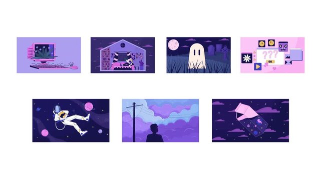 Space fantasy night and digital lifestyle lofi cartoon animation pack. Cozy reading. Computer with flowers. Astronaut with planets animated flat 4K video collection isolated on transparent background