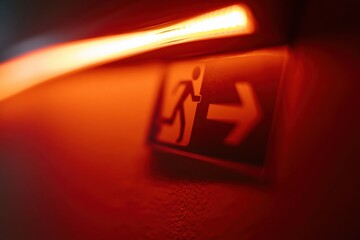 Fototapeta premium The Emergency Exit Sign Illuminated in Red Ambient Lighting with Dynamic Blur