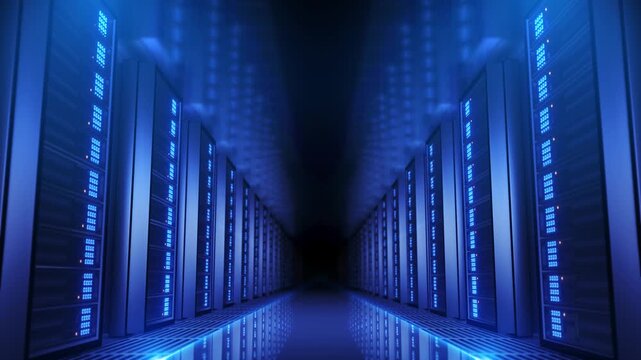 Blue illuminated server cabinets glowing status lights reflections below. data center imagery for artificial intelligence infrastructure, cloud platforms, database hosting business computing campaigns