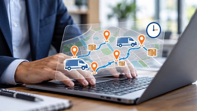 Professional logistics manager using laptop to track digital delivery routes on virtual interface screen