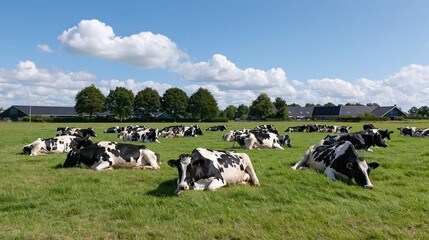 Naklejka premium The Cows Resting in a Lush Green Pasture Under a Bright Blue Sky