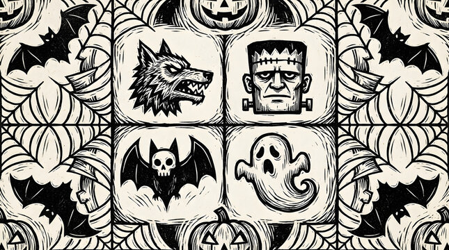 Vintage Halloween Monster Seamless Pattern with Horror Icons and Bats