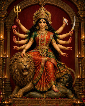 Majestic full body idol of goddess riding a fierce lion slaying a demon during traditional durga puja and navratri festival celebration event