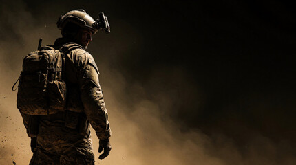 Fototapeta premium Soldier in combat gear stands in desert dust. Military man wearing helmet with night vision device carries heavy backpack. Silhouette of warrior in war zone against dark background. Army troops