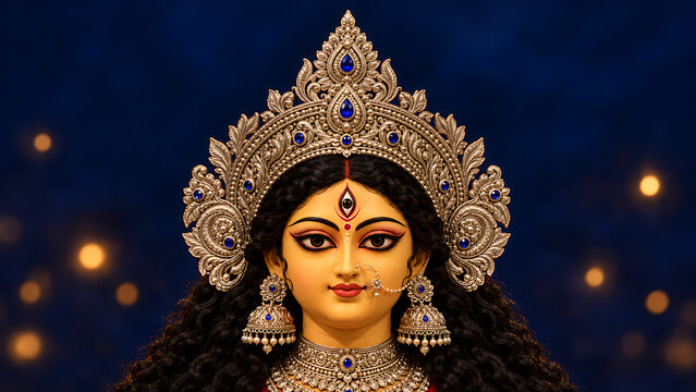 Beautiful glowing portrait of hindu goddess face with ornate crown and shining lamps in the background for durga puja and navratri event