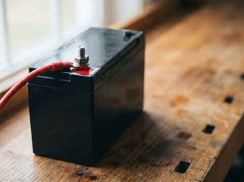 Black lead acid battery connected to red cable on wooden desk