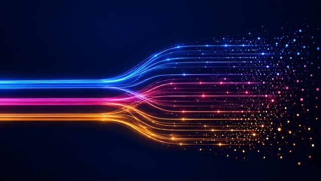 Colorful glowing fiber optic lines merging and shattering into digital stardust representing rapid data processing and network fragmentation