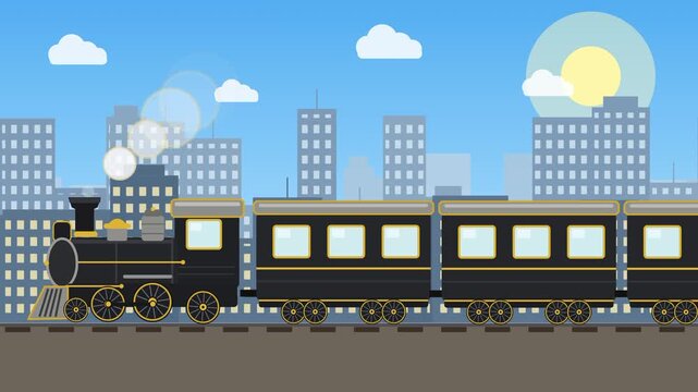 Retro steam train traveling through a modern city skyline in flat design vector illustration.