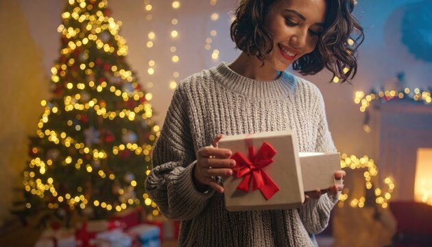 Stylish female holding present with red ribbon in festive room close up. Merry Christmas
