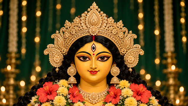 Frontal portrait of beautiful goddess idol featuring bright golden skin elaborate ornate crown and fresh hibiscus garlands for durga puja and navratri