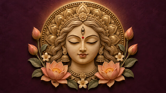 Gorgeous symmetrical sculpted relief of serene goddess face with closed eyes surrounded by pink blooming lotus flowers honoring durga puja and navratri