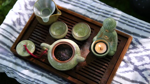 Ceramic teapot and cups sit arranged on wooden tray with small candle glowing nearby. Tea service forms peaceful outdoor still life beside greenery and patterned fabric, with teapot and cups on tray.