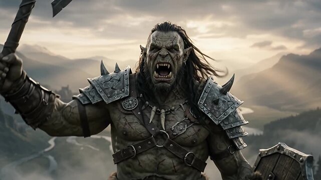 Fierce Fantasy Orc Warrior Wielding Battle Axe in Epic Landscape