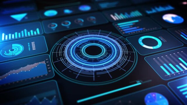 Rings central interface beside chart panels, circular gauges small globe on a dark display. analytics for business intelligence, data comparisons, operational metrics and corporate reporting projects.