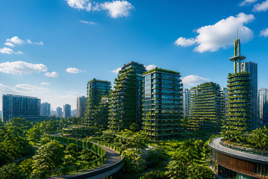 Modern high-rise buildings integrated with lush greenery under a bright blue sky in an urban landscape.