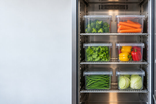 Organized vegetables in containers inside a commercial refrigerator