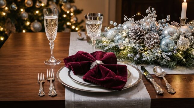 Elegant Christmas dinner table setting with velvet napkin and festive holiday decorations