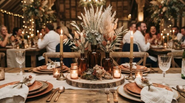Rustic wedding reception table setting with dried flower centerpiece and warm candle lighting