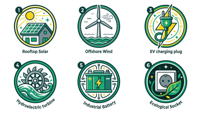 Renewable Clean Energy and Solar Power Grid Vector Badges Set, Green Tech Clipart