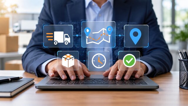 Business professional managing global logistics using digital interface software platform