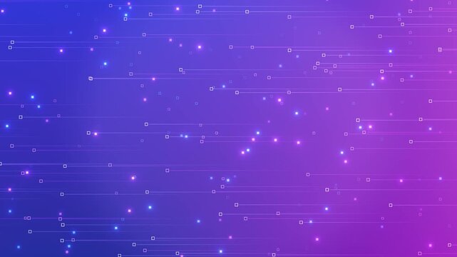 Outlined squares, luminous pixels parallel line paths decorate a vivid blue gradient with magenta highlights. for branding, digital promotions, broadcast titles, creative media modern presentations.