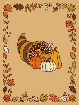 Thanksgiving cornucopia with pumpkins and autumn leaves frame on beige background