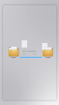 Folders white document icons blue progress bar file transfer light gray interface. clear digital copying data migration, downloads, uploads, backups software tutorials about document management. 3D