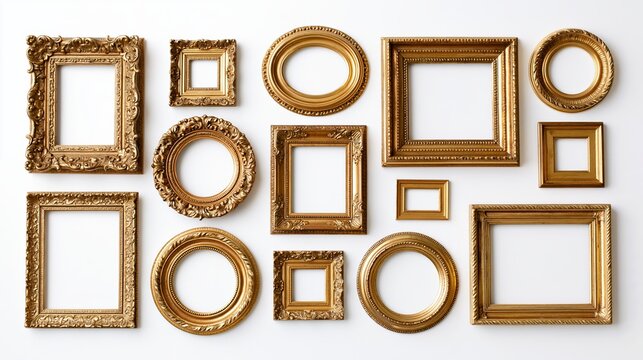 The Golden Frames Collection of Ornate Empty Picture Frames on White Wall