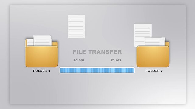 Yellow folder icons paper sheets appear file transfer text blue status indicator. digital workflow sharing records, organizing digital assets, synchronizing content explaining file management office