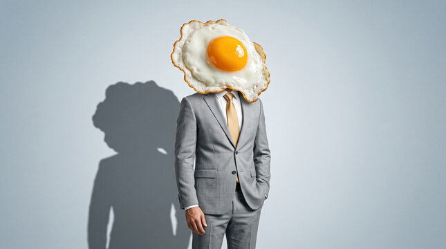 Conceptual businessman in grey suit with fried egg instead of head over light background.metaphor for creative finance, brain food, nutrition at work, morning routines, or business burnout.