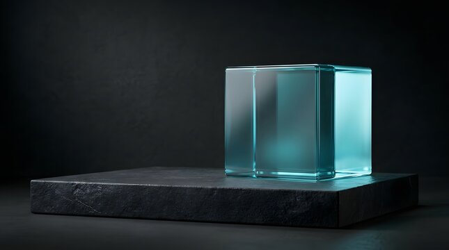 A transparent glass cube resting on a dark slate stone platform against a moody black background, elegant product photography