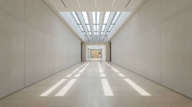 Long minimalist hallway with a high ceiling featuring a linear skylight that casts structured shadows on the floor