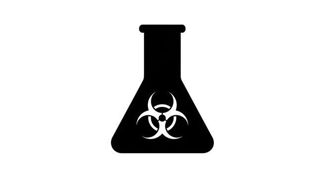 Black biohazard symbol on laboratory flask icon isolated on