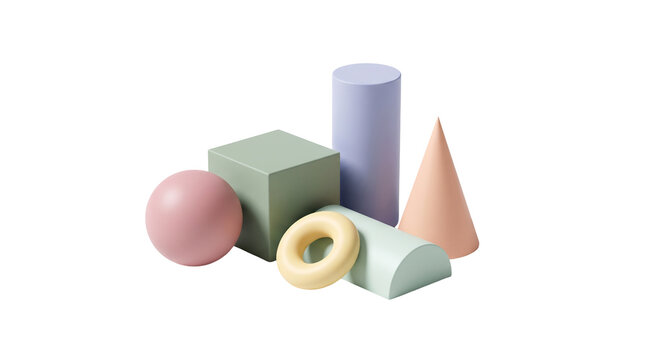 3D geometric shapes isolated on transparent background, pastel colored abstract forms for modern graphic design projects