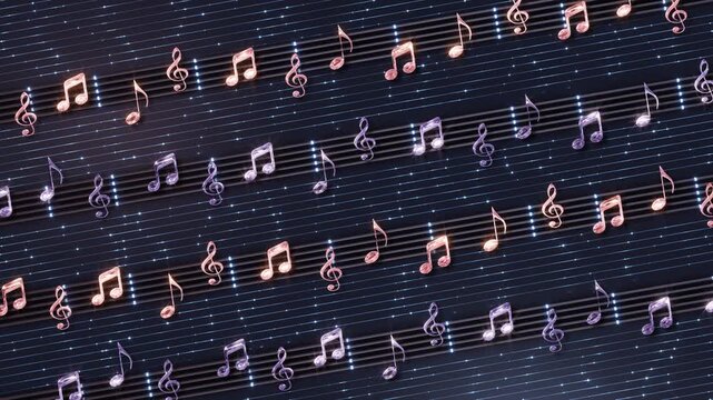 Shimmering treble clefs paired music notes diagonal staves in pink lavender tones. notation background music education, classical recital promotions, creative event broadcast media musical culture.