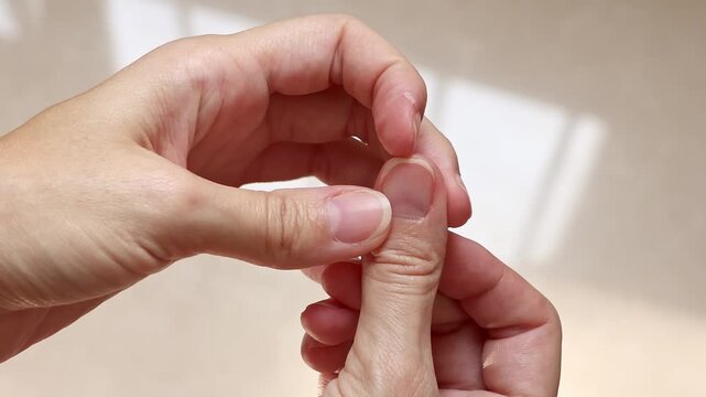 Close-up of broken fingernail on female hand. Hands show a damaged nail and gently bend the finger to reveal the split. Concept of nail care, manicure and personal hygiene. Slow motion video. 