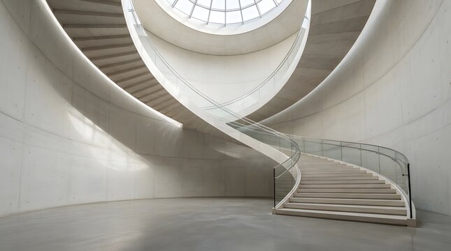 Grand spiral staircase in a modern concrete rotunda with a glass skylight