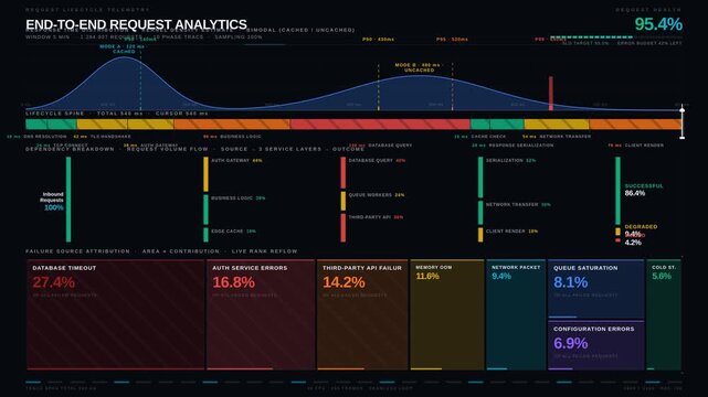 Explore a sophisticated end-to-end request analytics dashboard showcasing response time, dependencies, and failure sources in a sleek dark mode design with smooth animations.