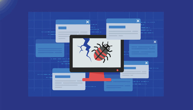 Computer system malware virus infection showing cracked monitor screen and multiple error warning popups.