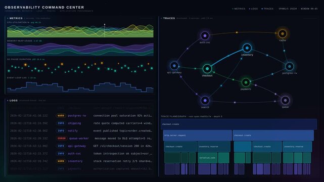 Explore a high-tech OpenTelemetry observability dashboard designed to correlate metrics, logs, traces, and application performance with a futuristic space-themed aesthetic.