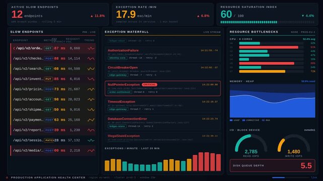Explore a high-end production application health center dashboard showcasing slow endpoints, exceptions, and resource bottlenecks with an engaging dark design and interactive metrics.